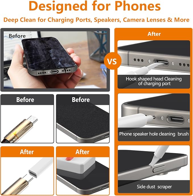 Cell Phone Cleaning Kit, iPhone Cleaning Kit for Charging Port Cleaner Keyboard Cleaning Kit for Airpods/Android/USB C/Earbuds/Laptop/iPad/Camera Lens with Stylus Pen (White, Elite Pack)