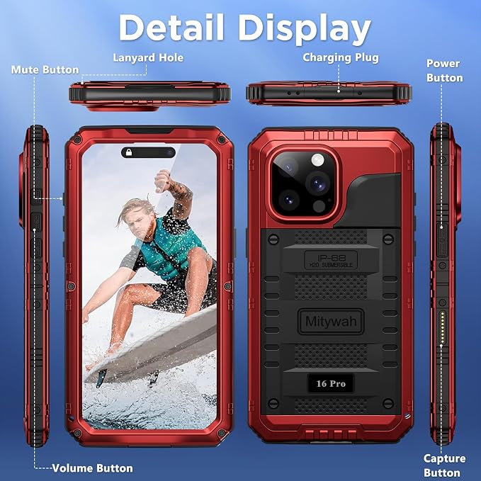 Mitywah Waterproof Case for iPhone 16 Pro, Shockproof Heavy Duty Case with Built-in Screen Protector, Underwater Full Body Protective Metal Case 6.3 inch, Red