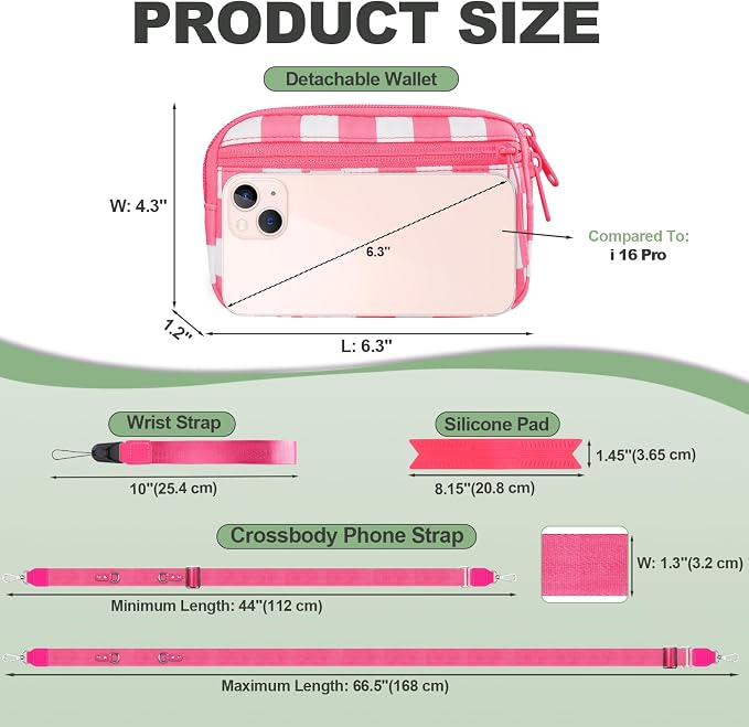 YFWE Clip and Go Strap for Phone with Wallet Crossbody, Adjustable Phone Lanyard with Detachable RFID Wristlet Wallet, Phone Strap with Phone Tabs for All Phones, Pink Checkered (M)
