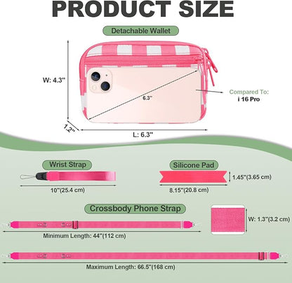 YFWE Clip and Go Strap for Phone with Wallet Crossbody, Adjustable Phone Lanyard with Detachable RFID Wristlet Wallet, Phone Strap with Phone Tabs for All Phones, Pink Checkered (M)