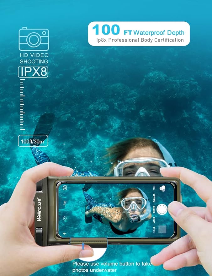 wellhouse Waterproof Phone Pouch, Waterproof Phone Case for iPhone 17 16 15 14 13 Pro Max XS Samsung, IPX8 3D Cellphone Dry Bag Beach Essentials (1 Pack - Olive7.0, 7 inch)