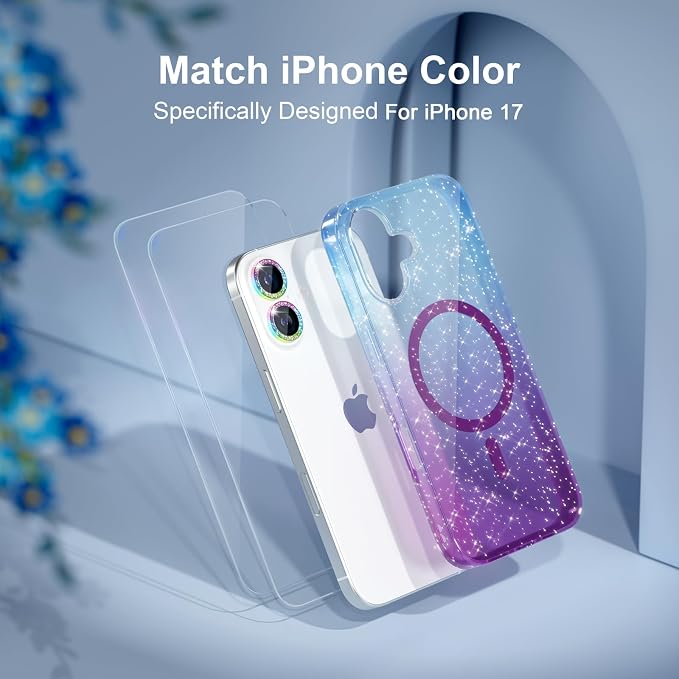 Choiche Magnetic for iPhone 17 Case Compatible with MagSafe, Women Cute Glitter Sparkly Phone Case with Diamond Camera Lens Protectors, Military-Grade Drop Protection 6.3" (Blue/Purple)