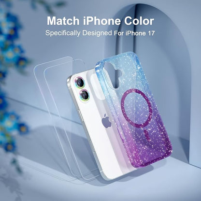 Choiche Magnetic for iPhone 17 Case Compatible with MagSafe, Women Cute Glitter Sparkly Phone Case with Diamond Camera Lens Protectors, Military-Grade Drop Protection 6.3" (Blue/Purple)