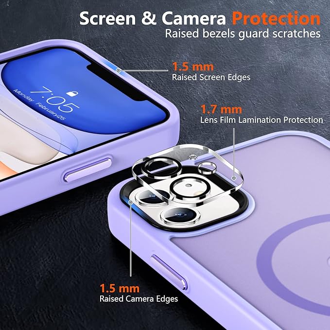 MOCCA Strong Magnetic for iPhone 11 Phone Case,[Compatible with Magsafe][Glass Screen Protector+Camera Lens Protector] Slim Thin Shockproof Cover Case for iPhone 11 6.1 inch, Light Purple