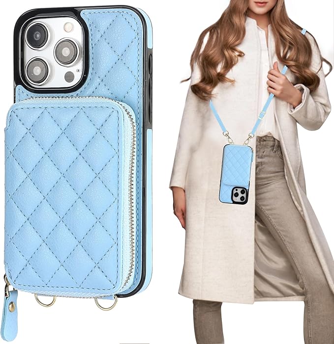 Bocasal Crossbody Wallet Case for iPhone 15 Pro Max, RFID Blocking PU Leather Zipper Handbag Purse Flip Cover, Kickstand Folio Case with Card Slots Holder Wrist Strap Lanyard 5G 6.7 Inch (Blue)