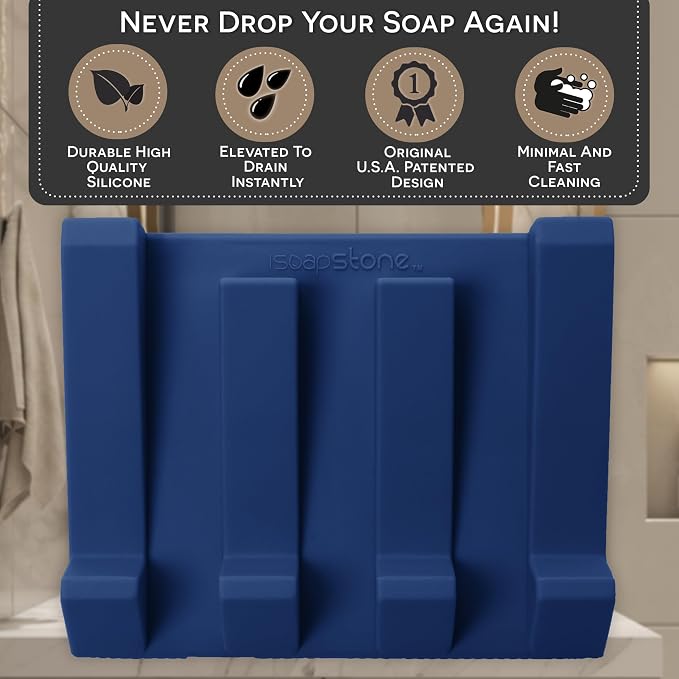 Silicone Soap Dish (USA Patented) Self Draining Bar Soap Holder for Shower Bathroom Sink, Drying Soap Dish Tray Kitchen Sponge Holder Easy Cleaning Soap Saver Mat (Midnight Navy, 2)
