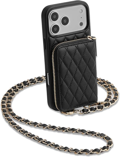 LAMEEKU for iPhone 17 Pro Max Wallet Case with Card Holder, Quilted Leather Crossbody Zipper Purse for Women 6.9'' Black