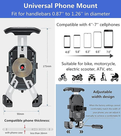KEWIG Motorcycle Phone Mount Qi 15W Wireless & USB C 20W Fast Chargeing Port, Automatically Lock & Quick Release Handlebar Cell Phone Holder for 4-7'' Phones