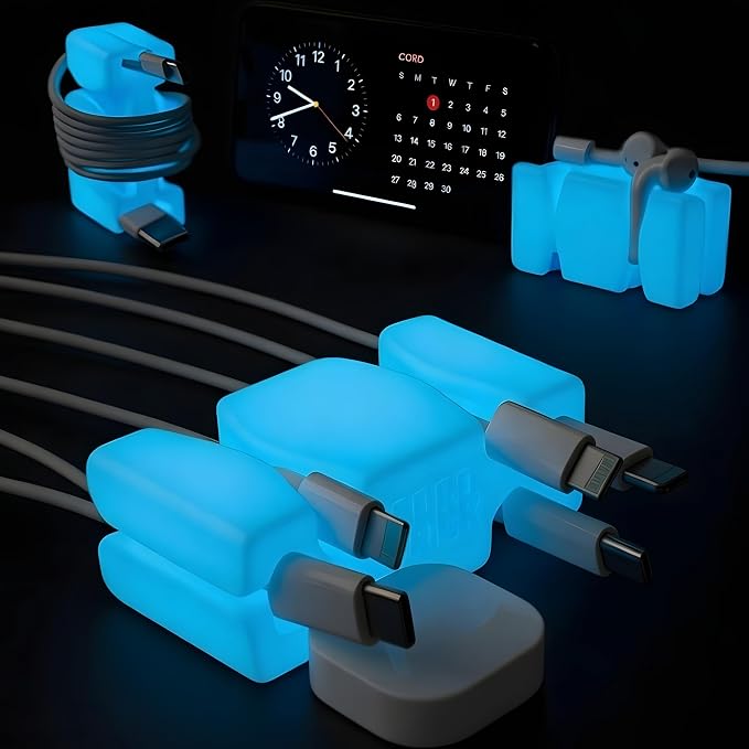 CordBrick 6PK Glowing Silicone + Steel Weighted Cable Holders for Nighstands, Cord Wraps for Travel, Unique iPhone Accessories. Small Graduation Gift for High Schoolers. Gadget for Teens. Blue Glow