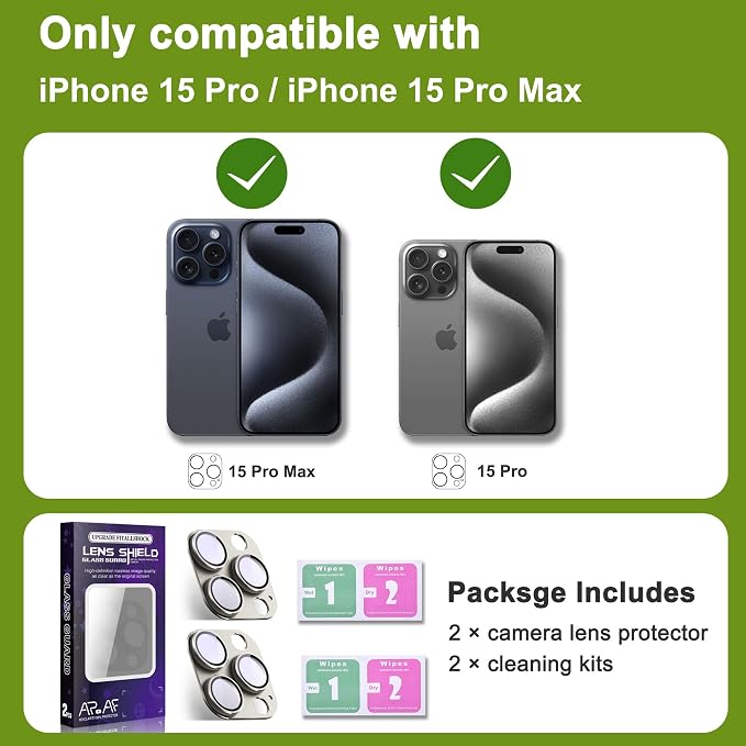 2-Pack Shatterproof Camera Lens Protector for iPhone 15 Pro/15 Pro Max |AR Tempered Glass Strong Adsorption Metal Camera Cover Screen(Titanium Grey)