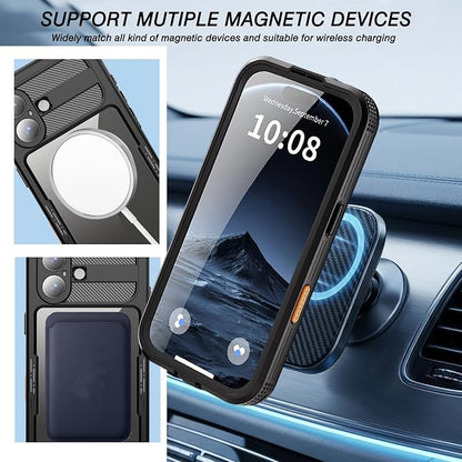 Magnetic for iPhone 17 Case Waterproof, Full-Body Protection Case with Built-in Screen and Camera Protector, Military Shockproof and Dustproof Phone Cover for iPhone 17,6.3" (Black/Clear)
