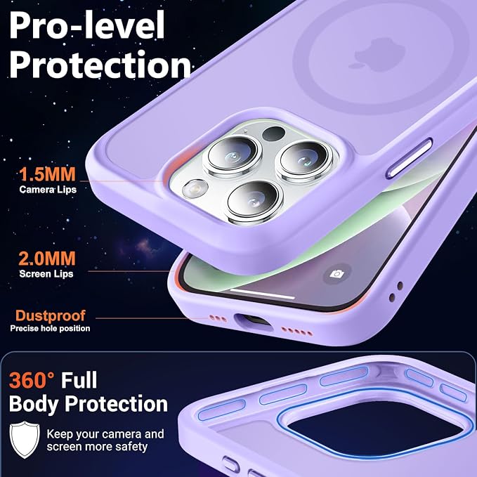 MOCCA Strong Magnetic for iPhone 14 Pro Case, [Compatible with Magsafe][13FT Military Drop Protection] Slim Translucent Matte Shockproof Case for iPhone 14 Pro Phone Case 6.1'', Light Purple