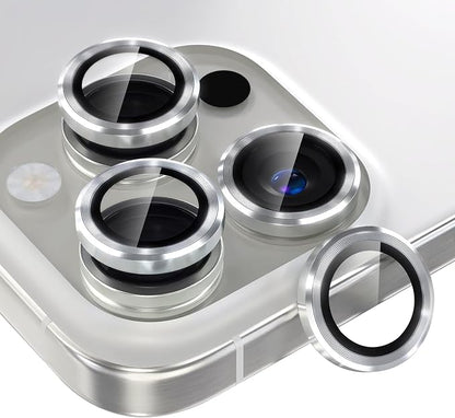 AFARER for iPhone 16 Pro/16 Pro Max Camera Lens Protector - HD Tempered Glass with Metal Ring,Scratch-Resistant & Shatterproof,Silver Titanium,1 Set