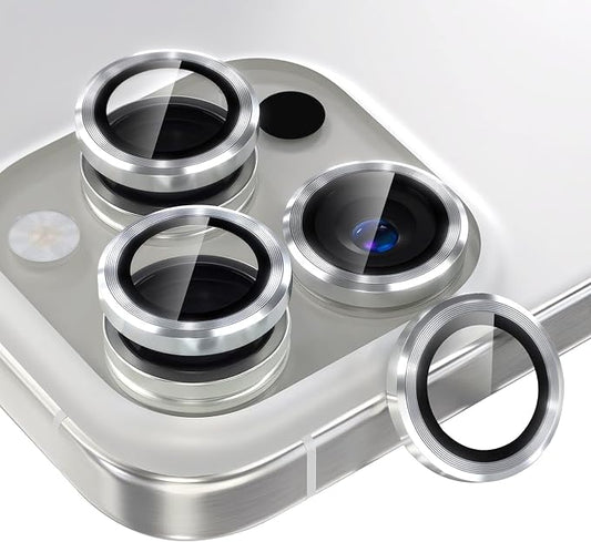 AFARER for iPhone 16 Pro/16 Pro Max Camera Lens Protector - HD Tempered Glass with Metal Ring,Scratch-Resistant & Shatterproof,Silver Titanium,1 Set