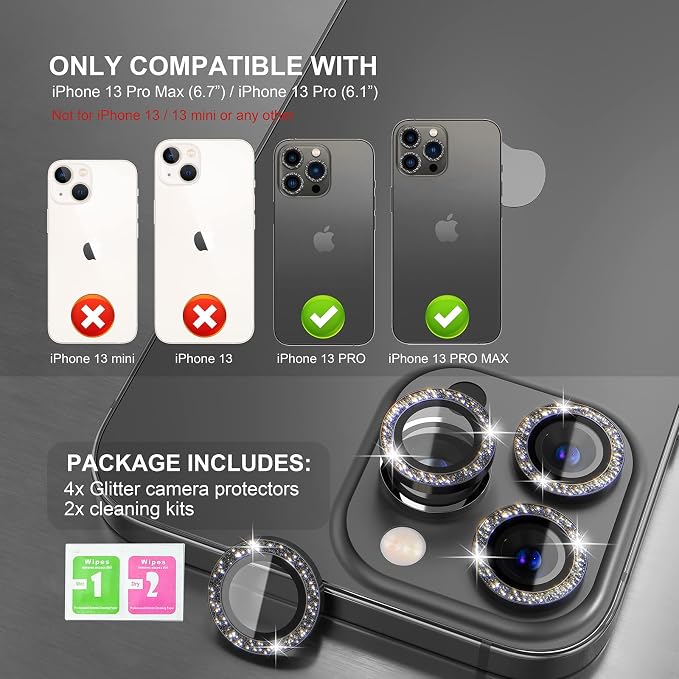 Choiche Compatible for iPhone 13 Pro/iPhone 13 Pro Max Camera Lens Protector Bling, 9H Tempered Glass Camera Cover Screen Protector Metal Ring Decoration Accessories (Glitter-Graphite)