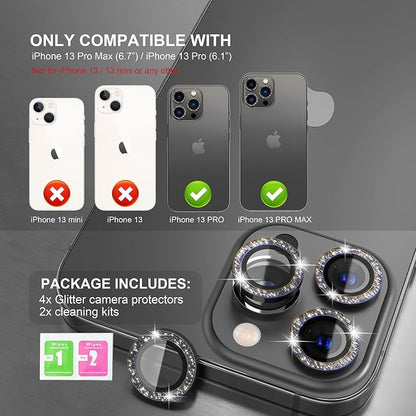 Choiche Compatible for iPhone 13 Pro/iPhone 13 Pro Max Camera Lens Protector Bling, 9H Tempered Glass Camera Cover Screen Protector Metal Ring Decoration Accessories (Glitter-Graphite)