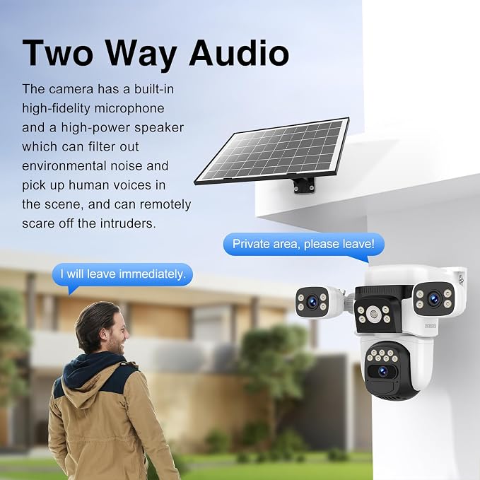 EVERSECU Solar Wireless Triple Lens WiFi PTZ Security Camera, Three Cameras in One, Side Cameras with Adjustable All-Angle Arm, 2K 360° View No Blind Spot, Auto Tracking, Spotlight, 2 Way Audio