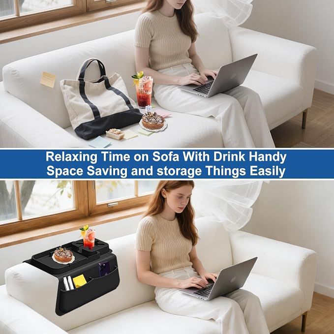 Silicone Couch Cup Holder for Tablet & Phone Stand, Sofa Arm Tray Organizer with Dual Side Pockets for Remotes Snacks Headphones & Glasses Drinks Anti-Slip & Heat Resistant Sofa Caddy (Black)