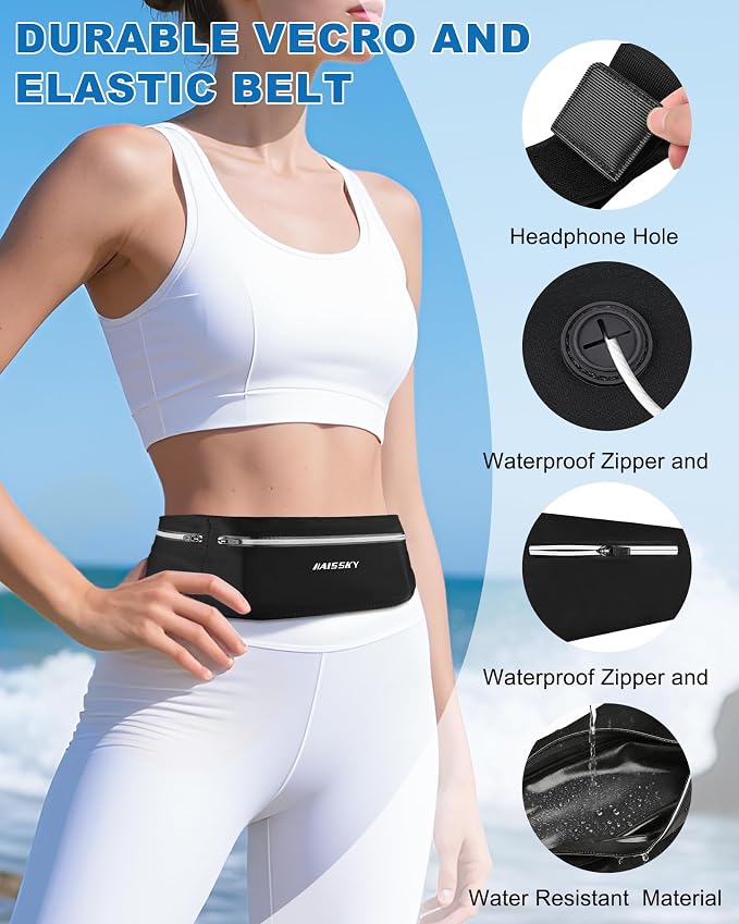 Slim Running Belt - 3 Pocket Running Fanny Pack, Adjustable Sweat Resistant Waist Bag for Men Women, Workout Exercise Fitness Phone Holder Fits All Phones - Runner Marathon Jogging Race Belt