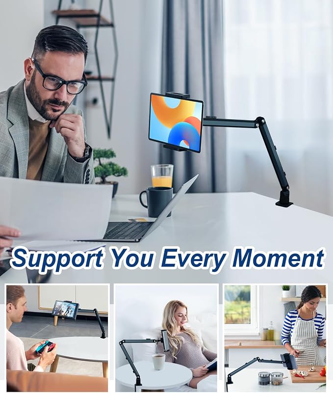 Tablet Desk Mount for ipad, Desk Clamp Aluminum Arm Portable Monitor Mount Suitable for 4.7-15.6" and Under 3 Pounds Phone, iPad mini/Air/Pro, Kindle, Galaxy Tab, Portable Monitor (Gray)