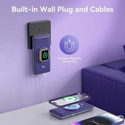 Magnetic 10000mAh Portable Charger for iWatch & iPhone, PD Fast Charging Wireless Power Bank Built-in Cables and Wall Plug, External Travel Battery Pack Compatible with iOS Android Phones