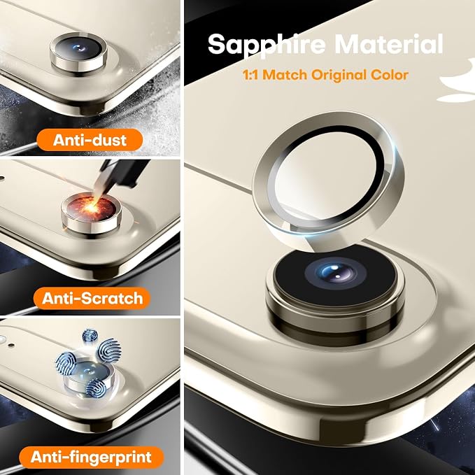 Camera Lens Protector for iPhone Air, Sapphire Glass Metal Individual Camera Cover Screen, Anti-drop, Case Friendly- Light Gold