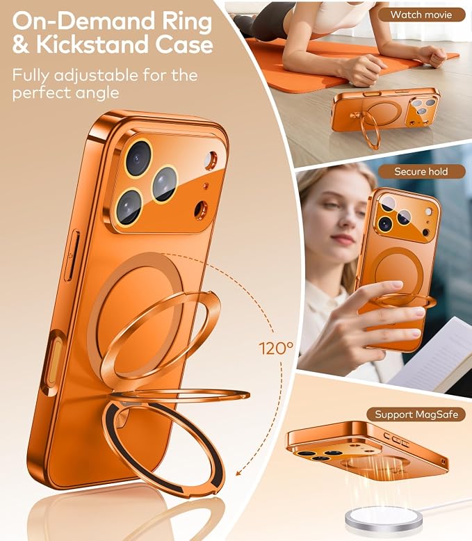 Magnetic for iPhone 17 Pro Max Case with Ring Stand, Fits MagSafe, with Built-in Camera Lens Protector, Slim Electroplated Shockproof Phone Cover, Orange
