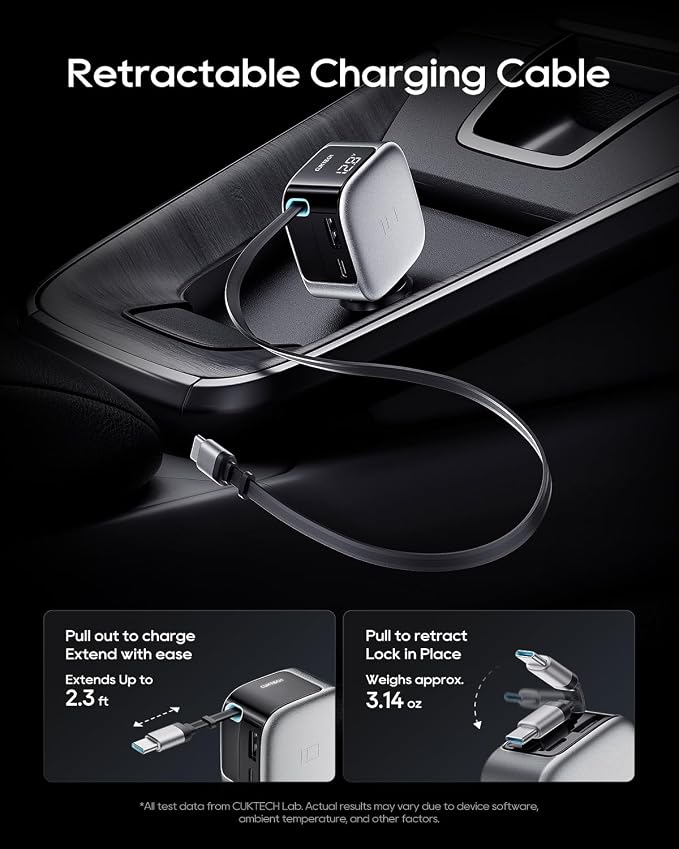 CUKTECH 85W Car Charger with Built-in Retractable Cable(2.3ft), 3-Port(2C1A) GaN Car Adapter, Smart LED Display, Power and Voltage Monitor, for MacBook, iPhone 17/16/15, Galaxy S26/25/S24, Pixel 10/9