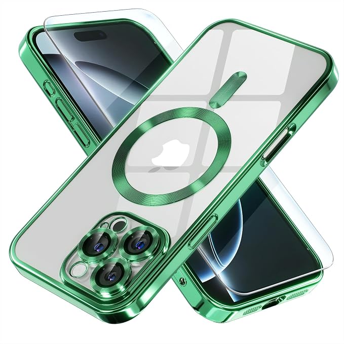Misea Magnetic for iPhone 16 Pro Max Case Compatible with MagSafe [Never Yellowing] [Military Grade Drop Protection] Full Camera Lens Protector Plating Soft Clear Phone Case for Women 6.9", Green