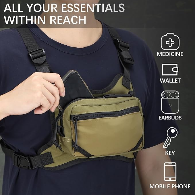 MGFLASHFORCE Chest Bag for Men and Women, Chest Rig Pack Front EDC Pouch Running Vest Phone Holder for Workout, Hiking and Outdoor Sports (Green)