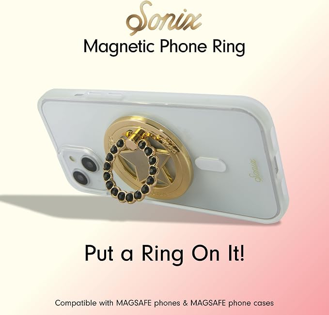 Sonix Magnetic Phone Grip and Phone Ring Holder - Compatible with MagSafe - Rotatable Kickstand and Phone Holder for iPhone 16, 15, 14, 13, 12 Series - Gold Star/Black Rhinestone