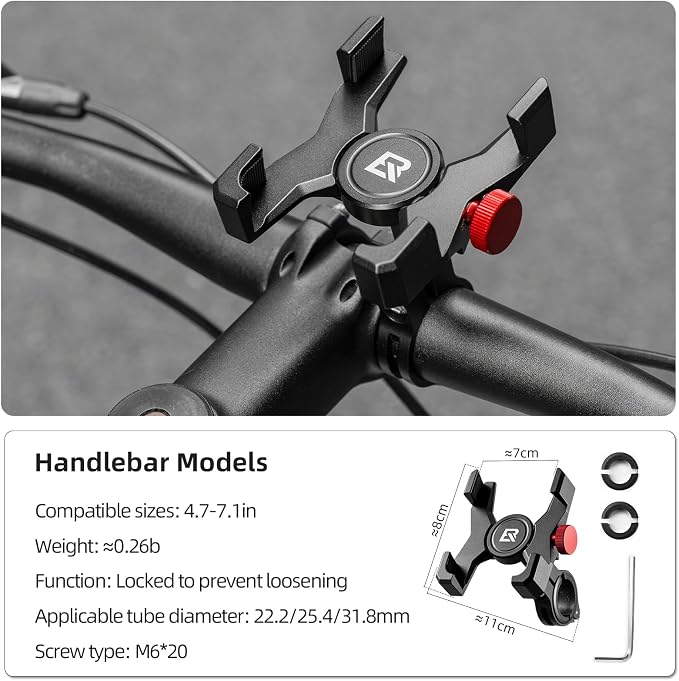 ROCKBROS Bike Phone Holder, Aluminum Bike Phone Mount Holder,Handlebar Mounted Cell Phone Holder for 4.7-7.1 Inch Phones Handlebar Mount