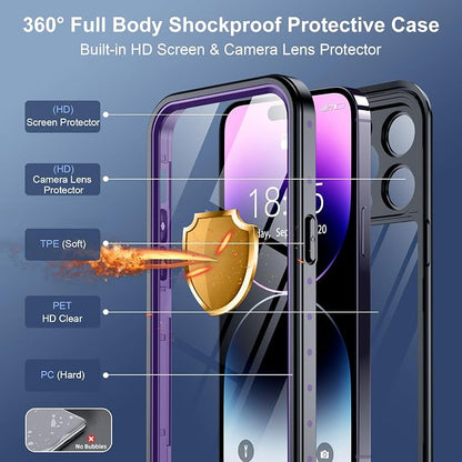 SPIDERCASE for iPhone 14 Pro Case Waterproof, Built-in Lens & Screen Protector, Full Heavy Duty Protection, 12FT Military Shockproof, Dustproof, Anti-Scratched Phone Case,Purple