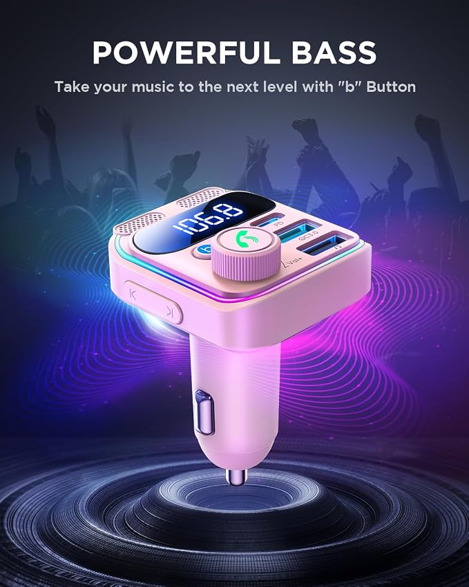 JOYROOM Bluetooth 6.0 Car Adapter FM Transmitter 81W Fast Charging Cigarette Lighter Hands-Free Calling Support USB Drive, Pink