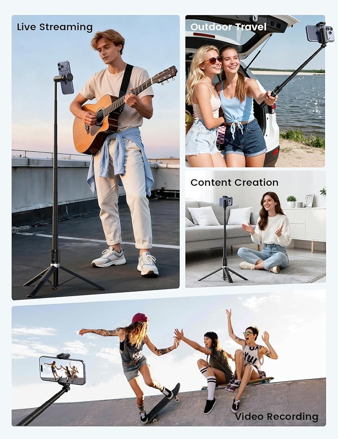 Lamicall 65" Phone Tripod & Selfie Stick - [Tap-to-Open] iPhone Tripod with Remote & Cold Shoe, Aluminum Phone Stand for Recording Compatible with iPhone for Video Recording Live Stream Vlog Black
