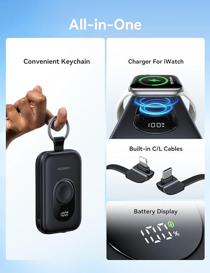 RORRY Portable Charger, 20000mAh PD 30W Portable Charger Power Bank with 2 Built-in Cables, Super Fast Charging Battery Pack with Keychain, Travel Essentials for iPhone, Apple Watch, iPad, White