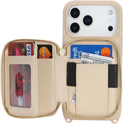 Crossbody Wallet Case for iPhone 17 Pro, PU Leather Zipper Handbag Purse Flip Cover, Kickstand Folio Case with Card Slots Holder Wrist Strap Lanyard 5G 6.3 Inch-White