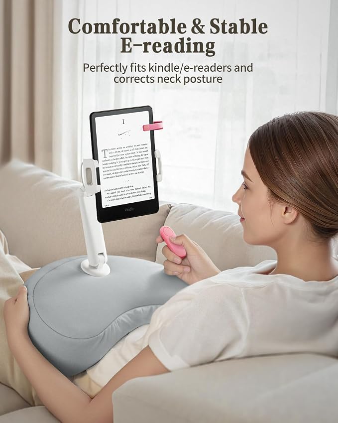 SAIJI Kindle Pillow Stand, iPad Stand Compatible with 4.7”-15.6” Kindle, Phone, iPad, 360° Adjustable Lap Beanbag Tablet Holder for Bed with Flexible Dual Axis Arm and Microbead Cushion (Gray)