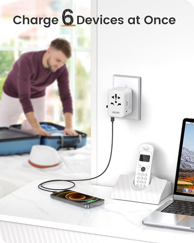 LENCENT Universal Travel Power Adapter, 30W International Wall Charger | with USB C Fast Charging, Worldwide Plug Adaptor Travel Essentials for US to EU UK Ireland Australia Type C/G/A/I White