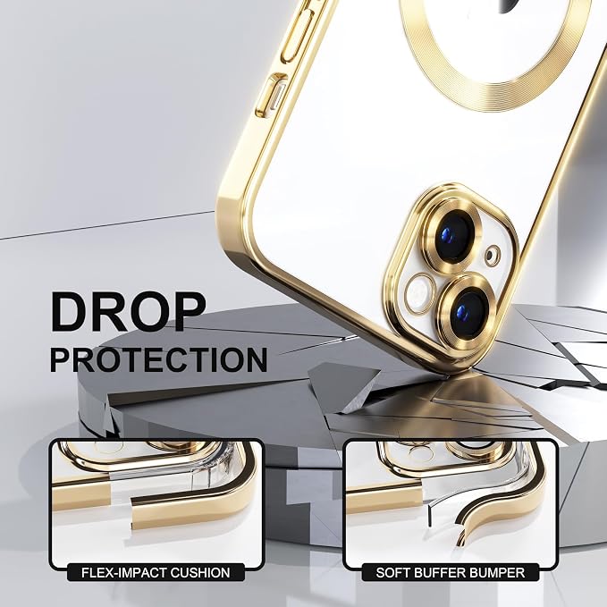 Misea Magnetic for iPhone 14 Plus Case Compatible with MagSafe [Never Yellowing] [Military Grade Drop Protection] Full Camera Lens Protector Plating Soft Clear Phone Case for Women Girls, Gold