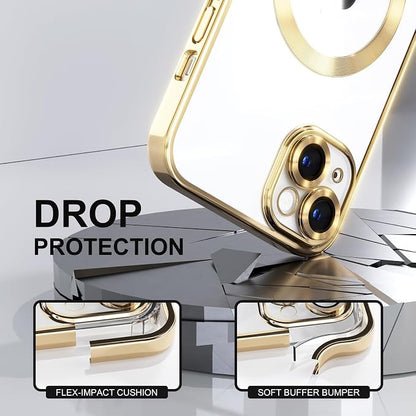 Misea Magnetic for iPhone 14 Plus Case Compatible with MagSafe [Never Yellowing] [Military Grade Drop Protection] Full Camera Lens Protector Plating Soft Clear Phone Case for Women Girls, Gold