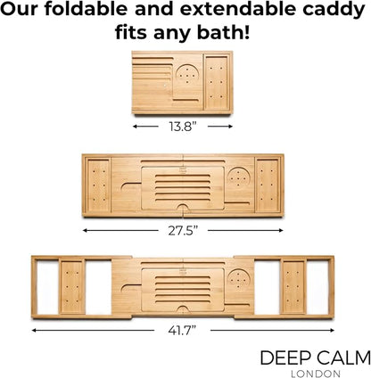 Deep Calm Bathtub Tray Caddy - Bamboo Foldable Bath Tub Table, Expandable Bath Tray Holds All Bathtub Accessories, Perfect Luxury Relaxing Gift for Self Care