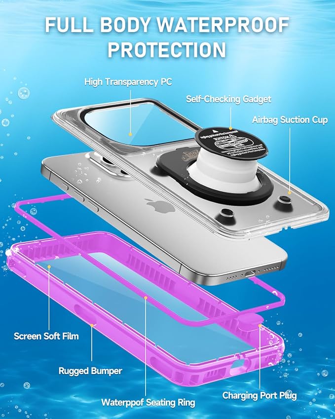 Waterproof Phone Case,IPX8 Waterproof Phone Pouch for Beach & Snorkeling Essentials,Phone Waterproof Case with Lanyard, Universal Case Up to 6.9" for iPhone,Samsung (Purple)