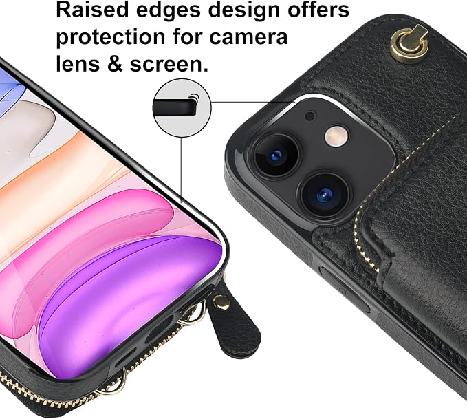 Bocasal Crossbody Wallet Case for iPhone 11, RFID Blocking Leather Purse Case with Card Holder, Protective Handbag Flip Cover with Zipper Wrist Strap Lanyard for Women 6.1 Inch (Black)