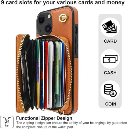 Bocasal Crossbody Wallet Case for iPhone 14 iPhone 13, RFID Blocking Leather Purse Case with Card Holder, Protective Handbag Flip Cover with Zipper Wrist Strap Lanyard for Women 5G 6.1 Inch (Brown)