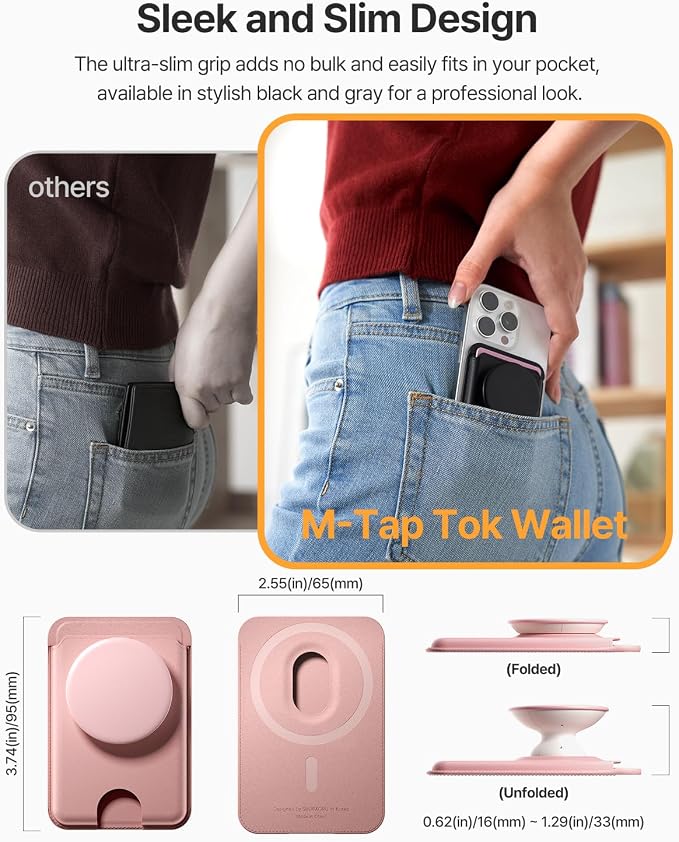 Sinjimoru for MagSafe Phone Grip, Compatible with MagSafe wallet, Soft Magnetic Finger Grip, with 3 Card Holder for iPhone, M-Tap Tok Wallet Pink