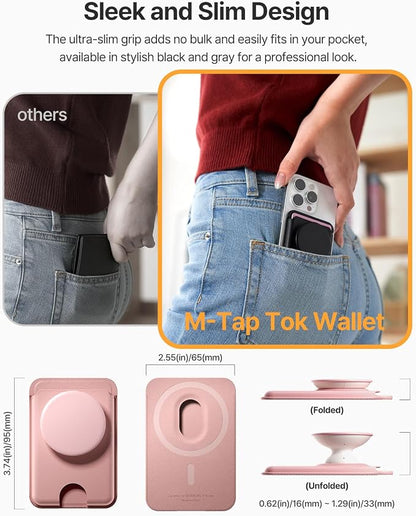 Sinjimoru for MagSafe Phone Grip, Compatible with MagSafe wallet, Soft Magnetic Finger Grip, with 3 Card Holder for iPhone, M-Tap Tok Wallet Pink