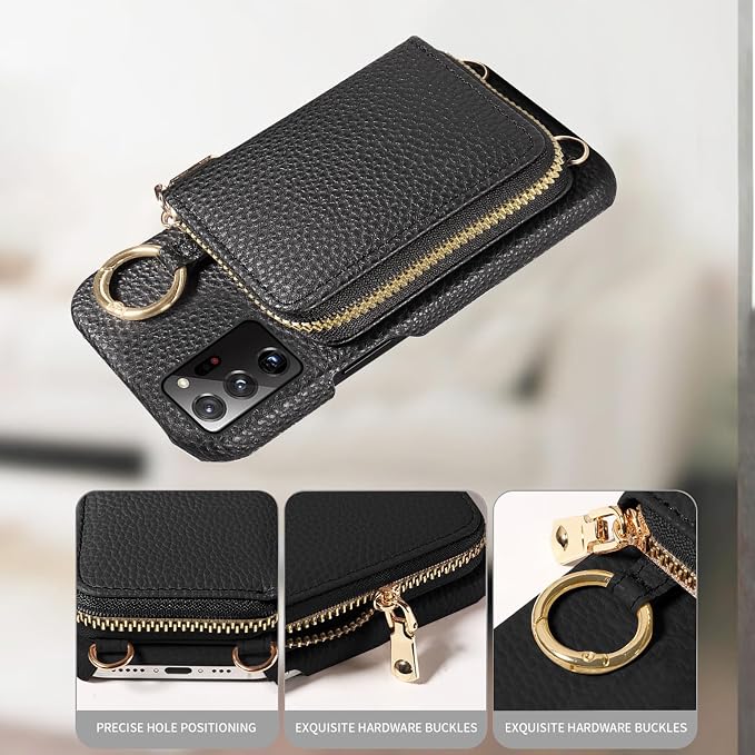 Wallet Case for Samsung Galaxy Note 20 Ultra 5G, Shoulder Strap Ring Buckle, Zipper Flip Organ Purse, Card Holder Phone Cover for Note20 Plus Notes 20Ultra Note20+ U + 20+ Twenty Not S20 Black