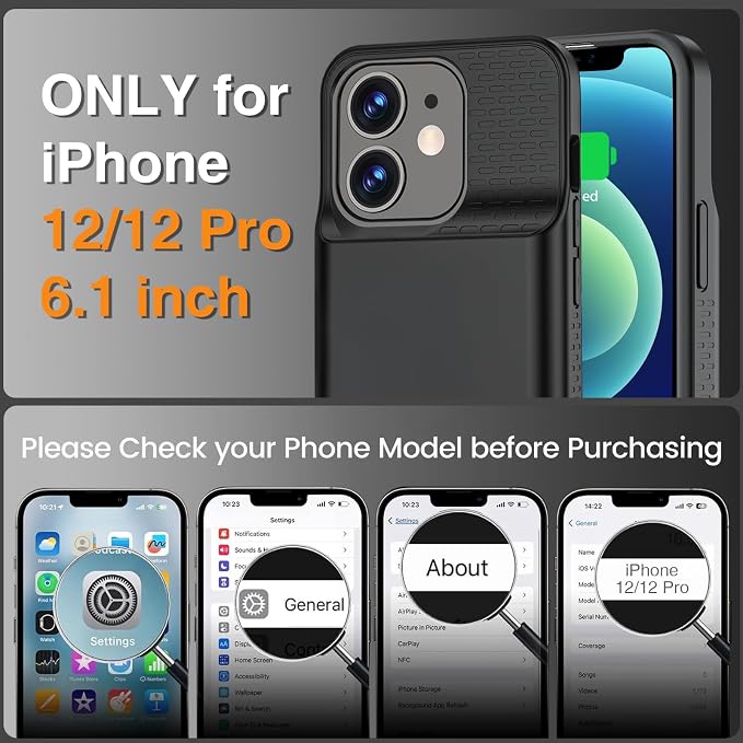 BOPPS Battery Case for iPhone 12 Pro/12 with Stand【Support Carplay】 Real Powerful 7000mAh Portable Charger Case 360°Protection Rechargeable Extended Charging case for iPhone 12，12 pro -Black