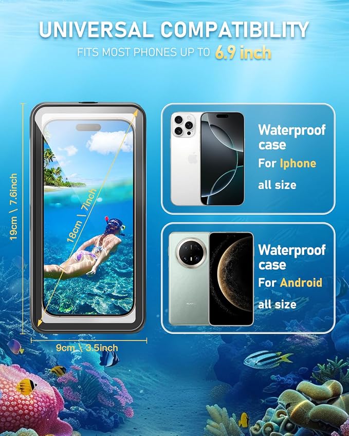 Waterproof Phone Case, IPX8 Underwater Floating Pouch for Snorkeling Swimming Beach Cruise Travel, Water Proof Dry Case for iPhone 17/16/15/14 Pro, Samsung Galaxy S26/S25/S24 (Black)